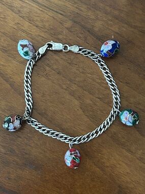 Sterling Silver Multi-Color Cloisonné Charm Bracelet, Italy